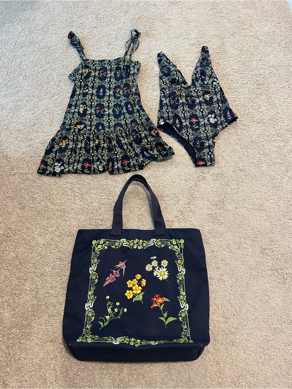Floral Navy Aqua Bendita Mini Dress with Matching Swimsuit & matching beach bag
